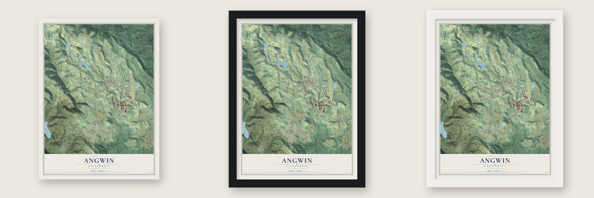Angwin, California map unframed, in a black wood frame and in a white wood frame