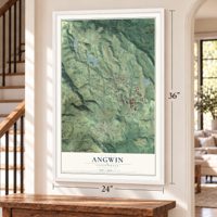 Angwin, California map, 24 x 36 inch print in a white frame by a staircase