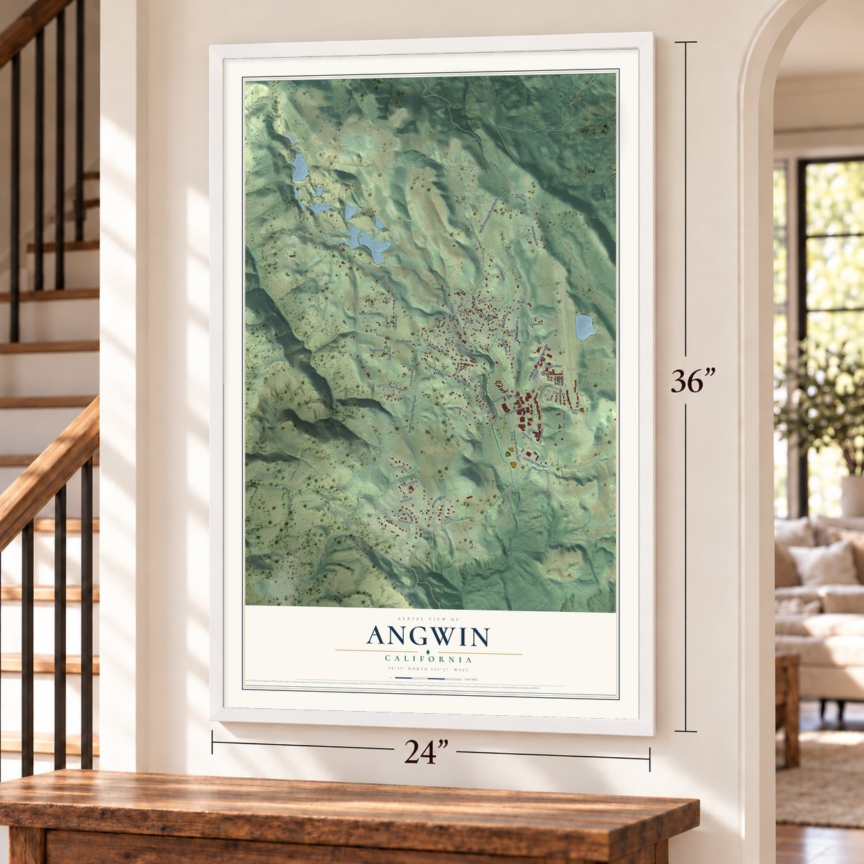Angwin, California map, 24 x 36 inch print in a white frame by a staircase