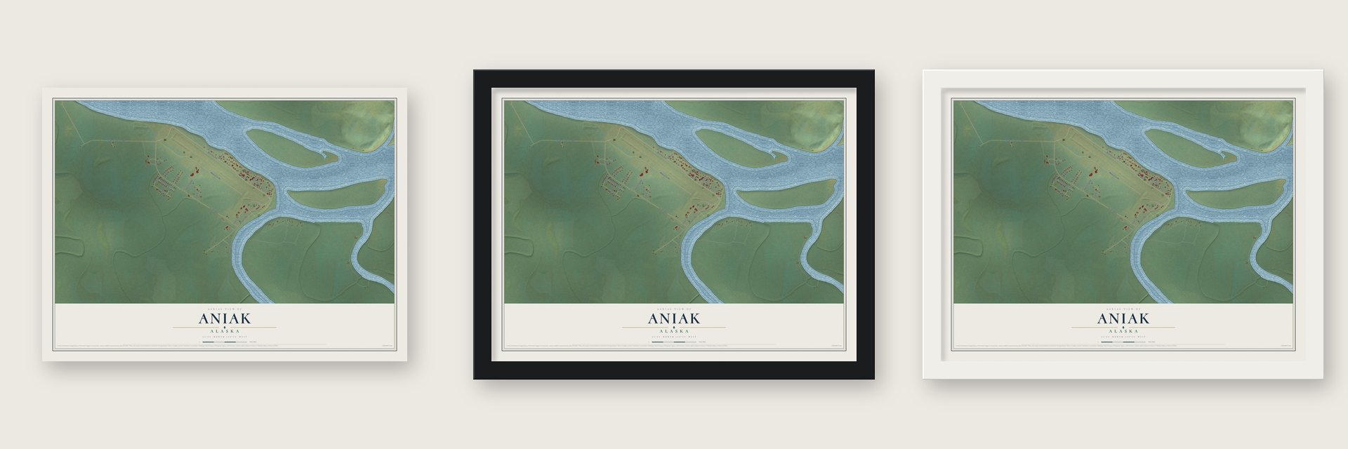 Aniak, Alaska map unframed, in a black wood frame and in a white wood frame