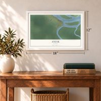 Aniak, Alaska map, 12 x 18 inch print in a white frame in an entryway