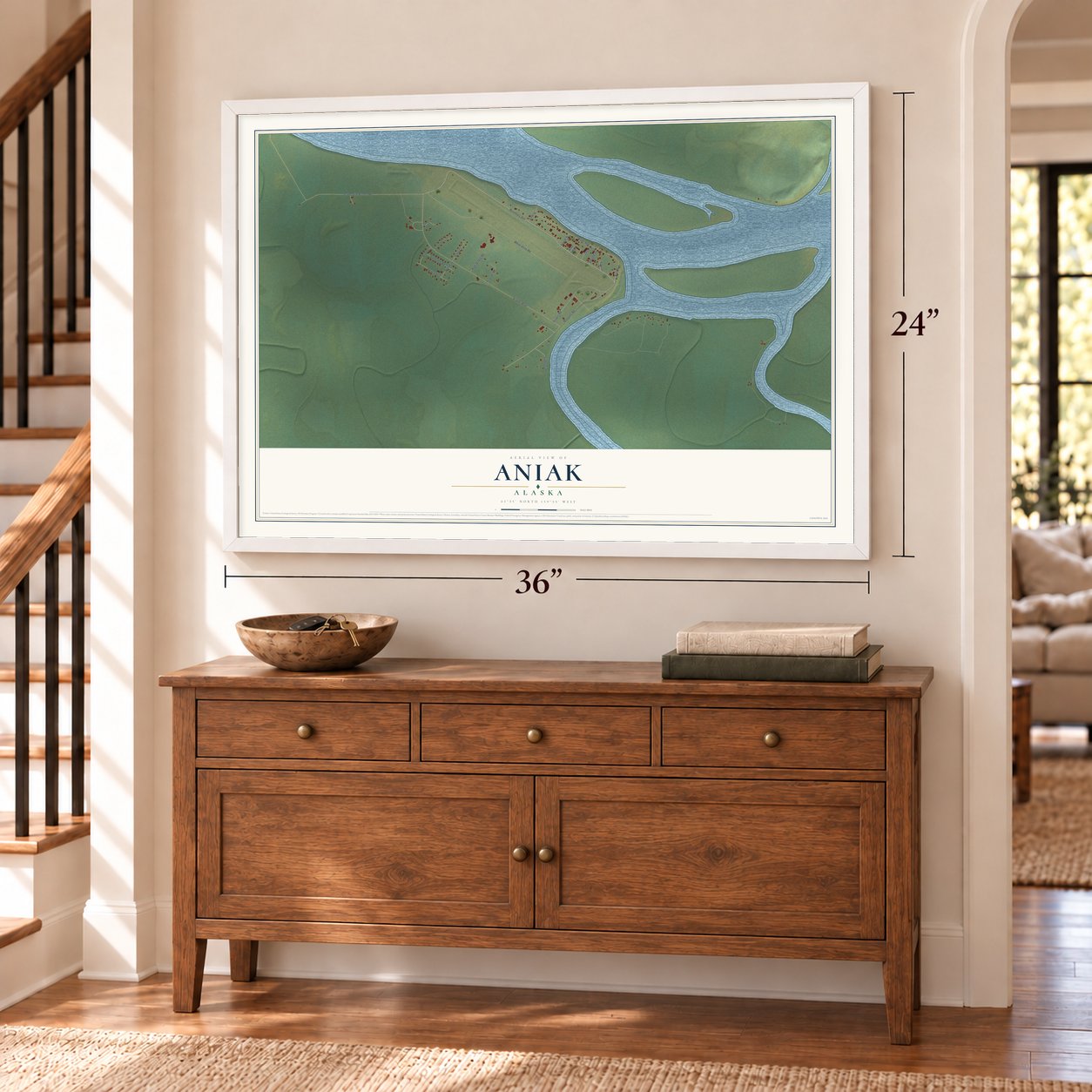 Aniak, Alaska map, 24 x 36 inch print in a white frame above a dresser by a staircase