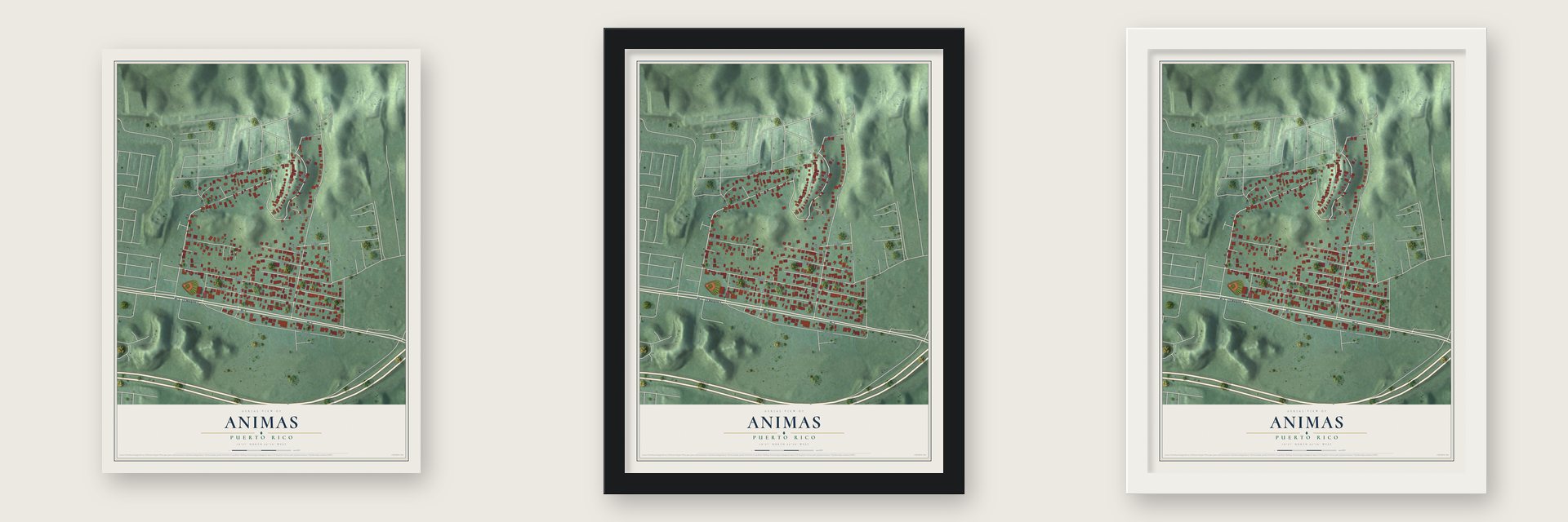 Animas, Puerto Rico map unframed, in a black wood frame and in a white wood frame
