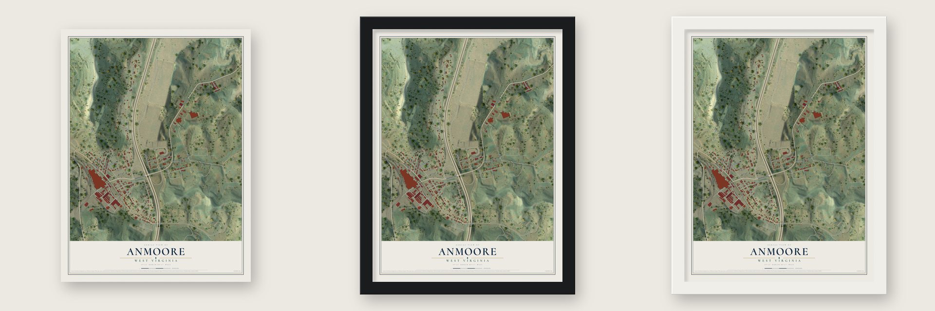 Anmoore, West Virginia map unframed, in a black wood frame and in a white wood frame