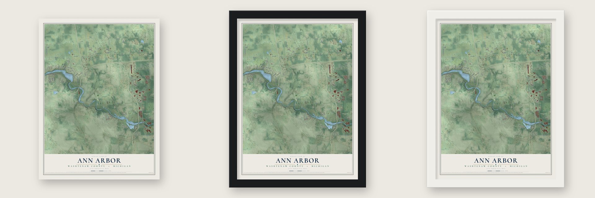Ann Arbor, Washtenaw County, Michigan map unframed, in a black wood frame and in a white wood frame
