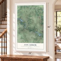 Ann Arbor, Washtenaw County, Michigan map, 24 x 36 inch print in a white frame by a staircase