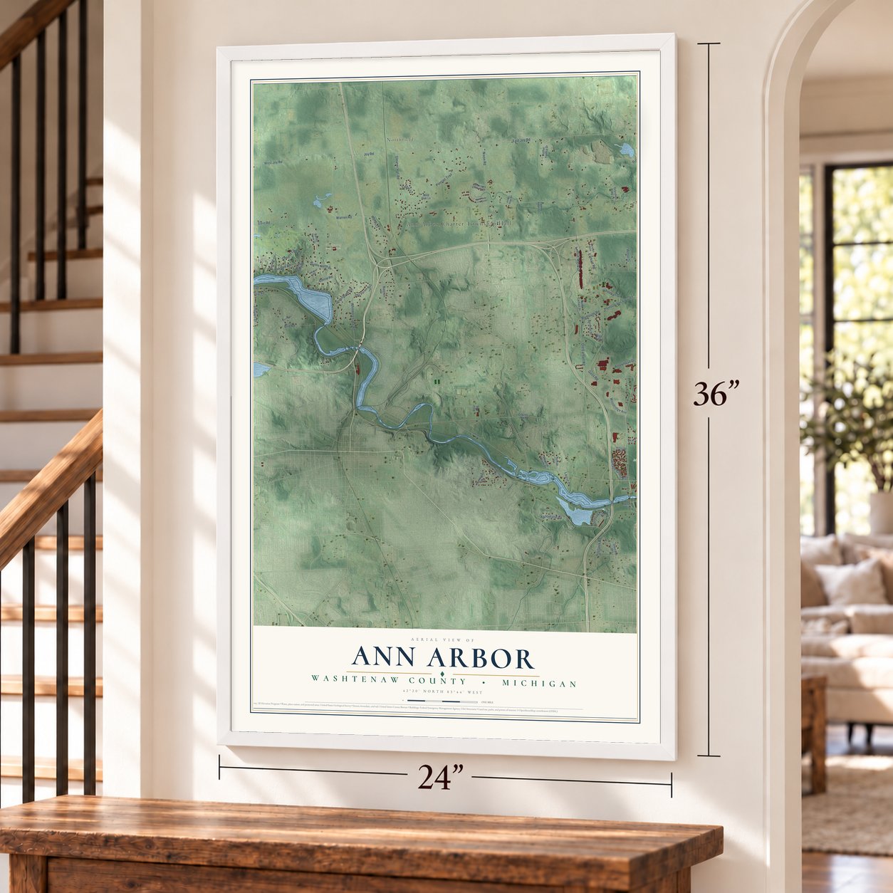 Ann Arbor, Washtenaw County, Michigan map, 24 x 36 inch print in a white frame by a staircase