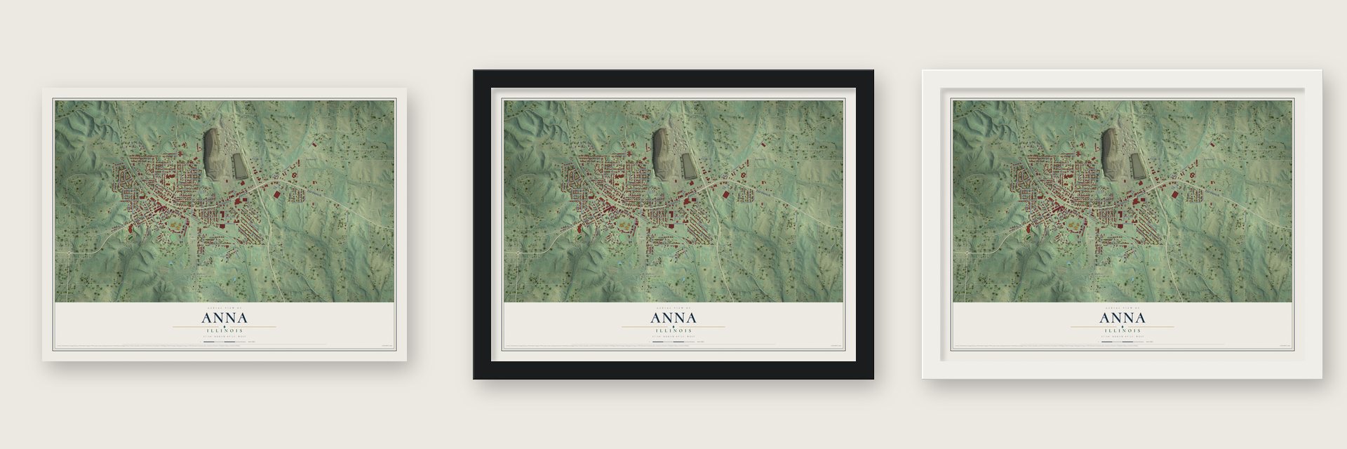 Anna, Illinois map unframed, in a black wood frame and in a white wood frame