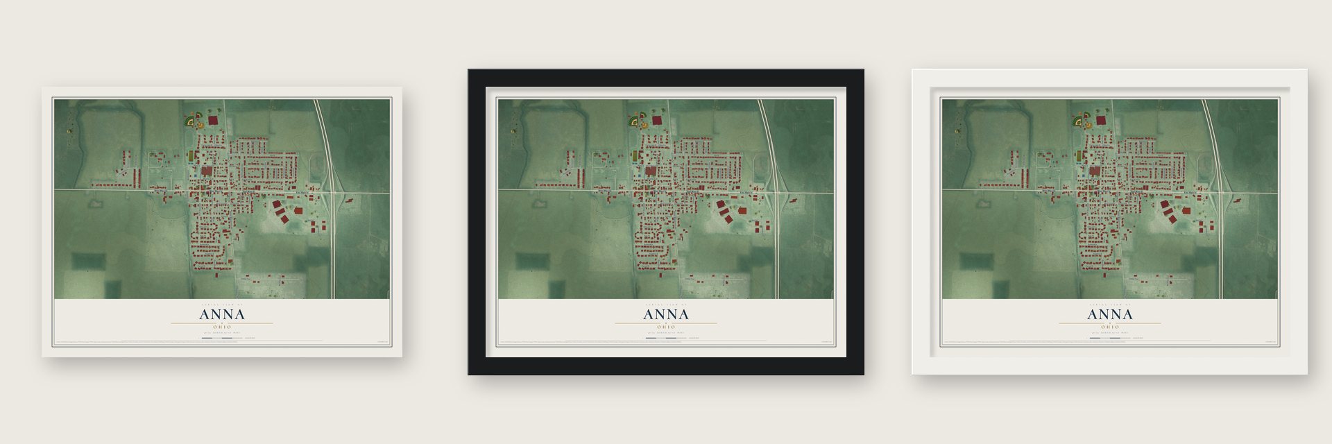 Anna, Ohio map unframed, in a black wood frame and in a white wood frame