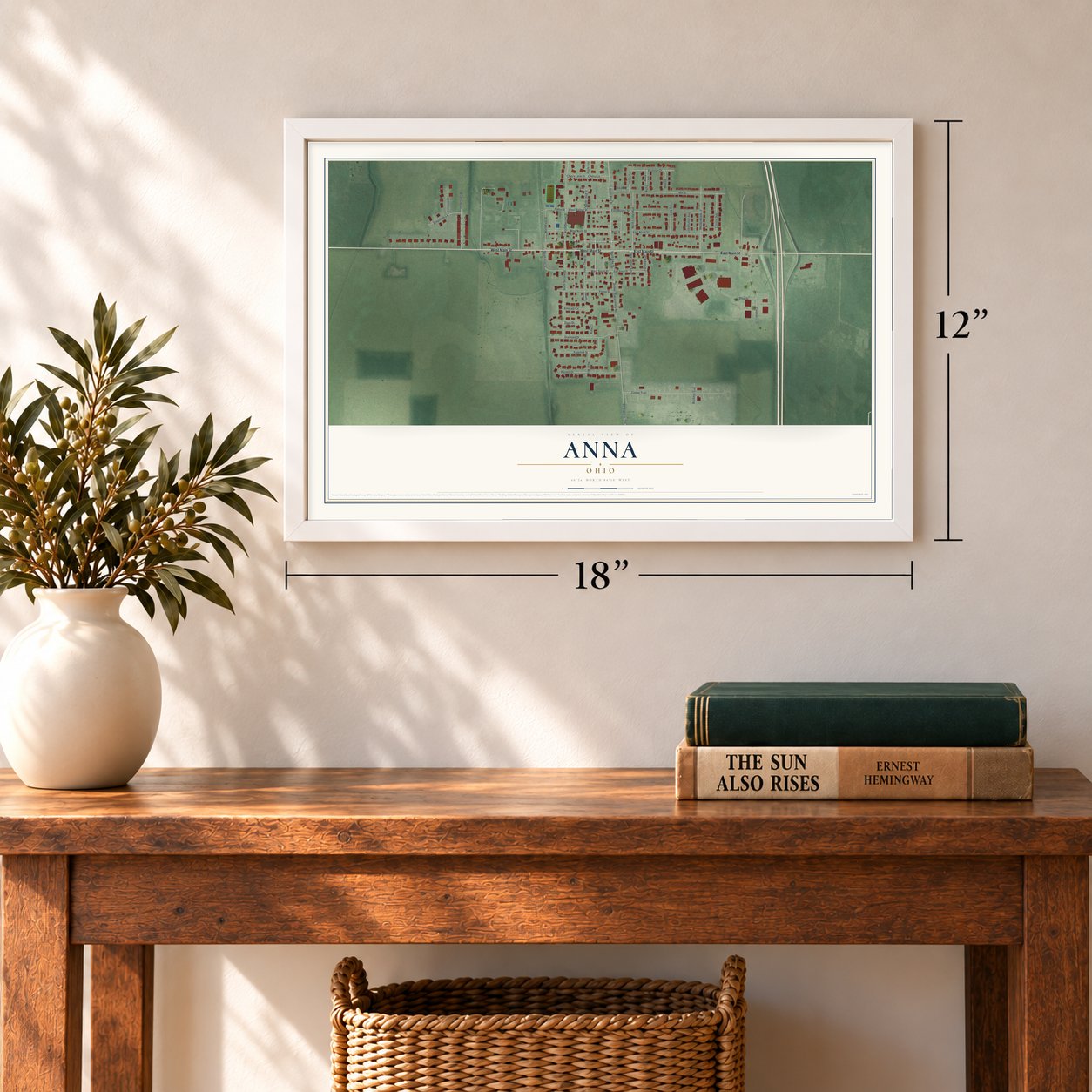 Anna, Ohio map, 12 x 18 inch print in a white frame in an entryway