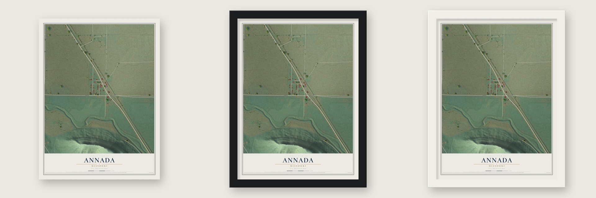Annada, Missouri map unframed, in a black wood frame and in a white wood frame