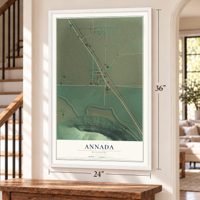 Annada, Missouri map, 24 x 36 inch print in a white frame by a staircase