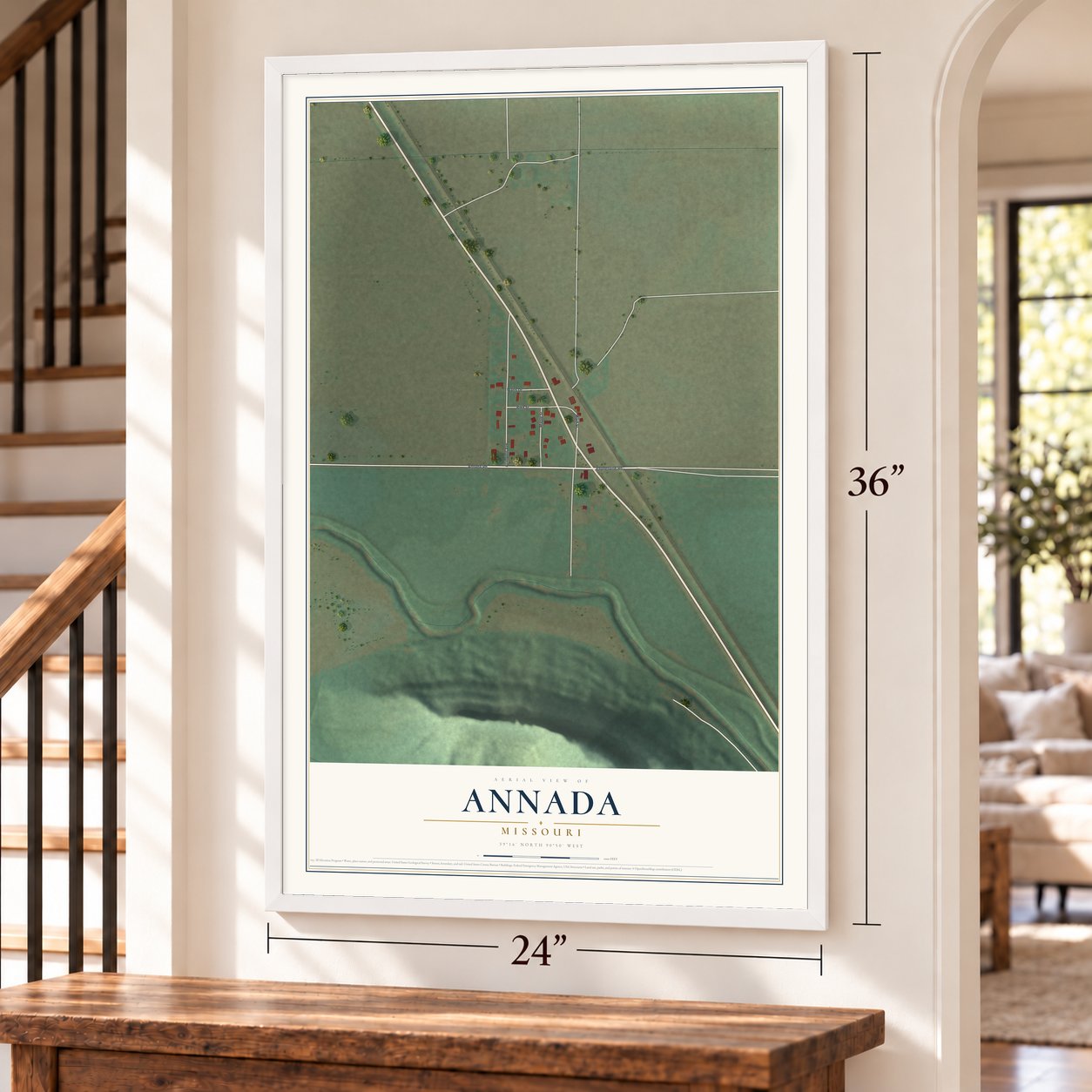 Annada, Missouri map, 24 x 36 inch print in a white frame by a staircase