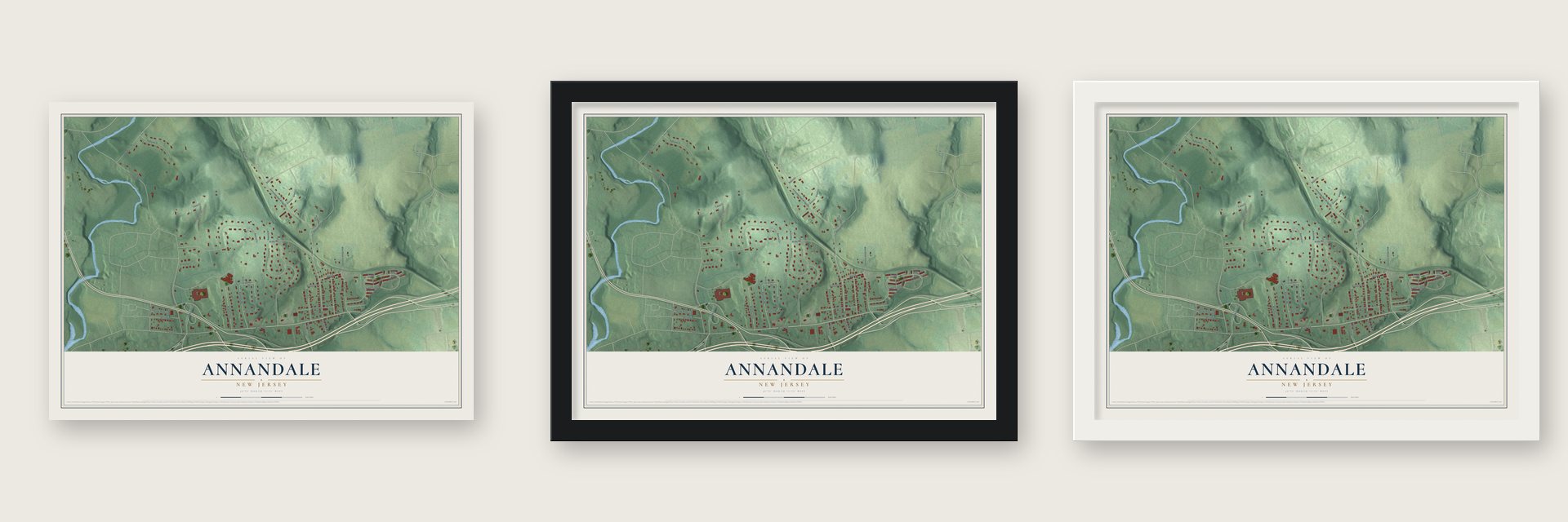 Annandale, New Jersey map unframed, in a black wood frame and in a white wood frame