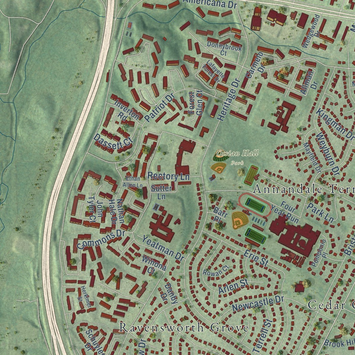 Second close-up of the map of Annandale, Virginia print showing more streets and buildings