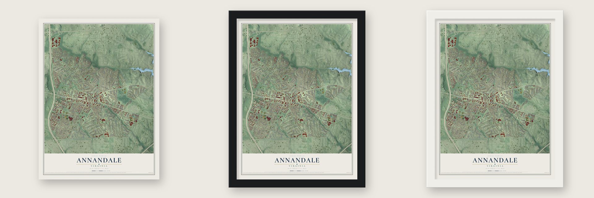 Annandale, Virginia map unframed, in a black wood frame and in a white wood frame