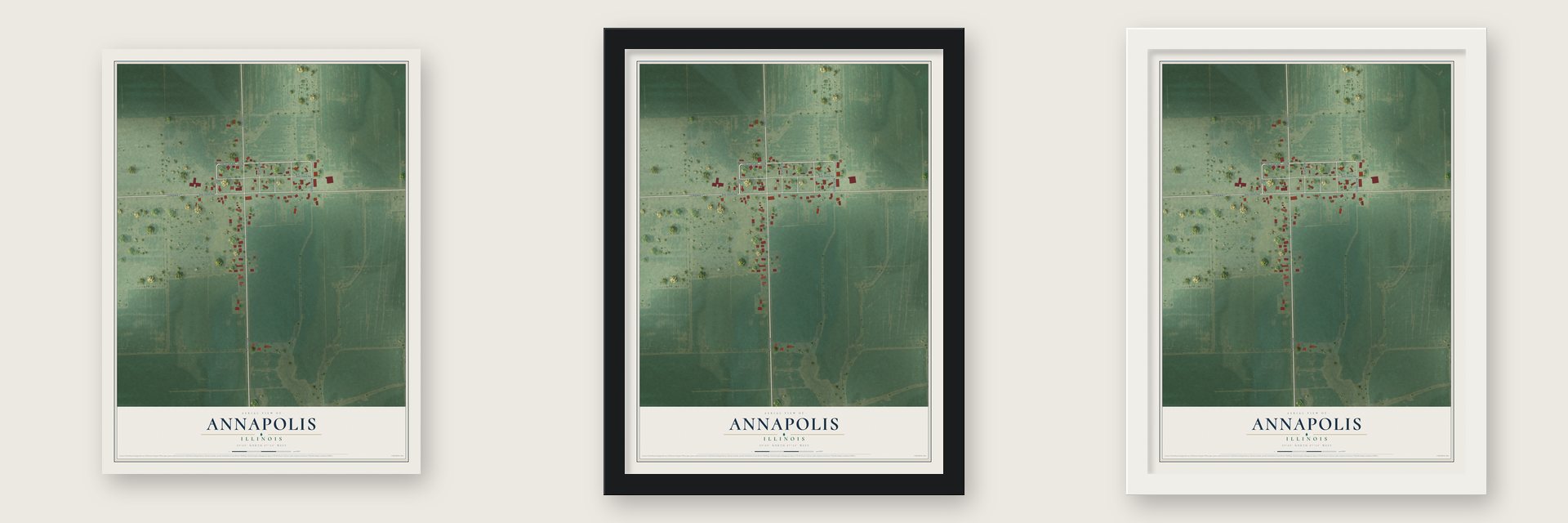 Annapolis, Illinois map unframed, in a black wood frame and in a white wood frame