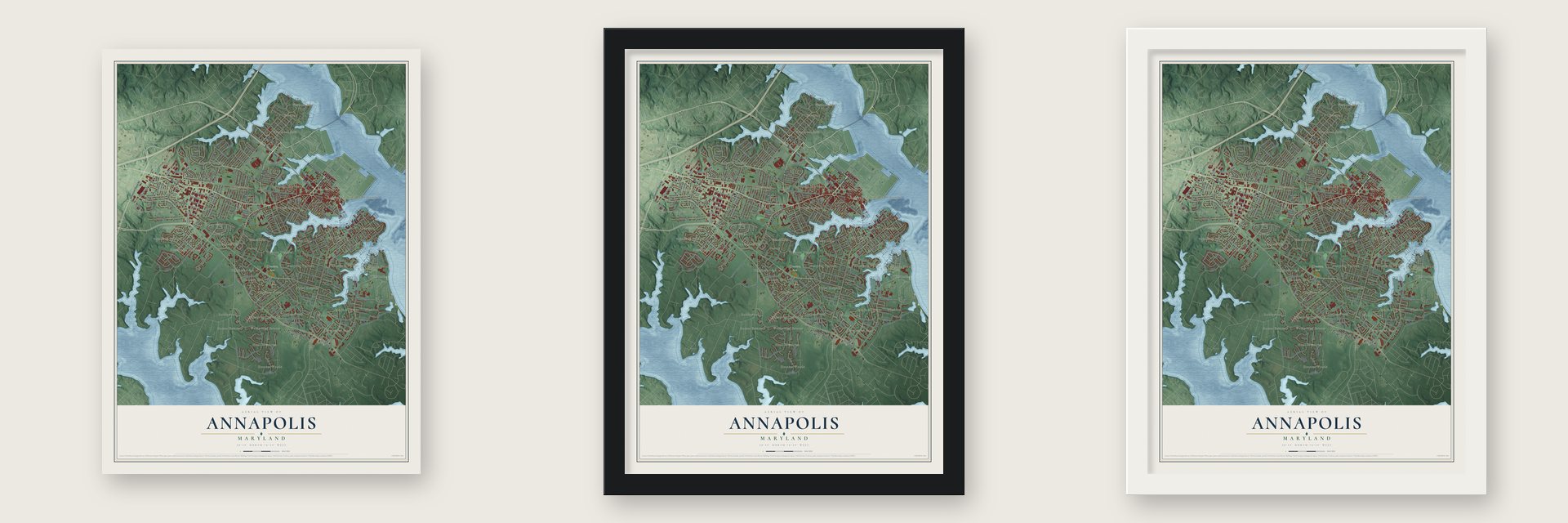 Annapolis, Maryland map unframed, in a black wood frame and in a white wood frame