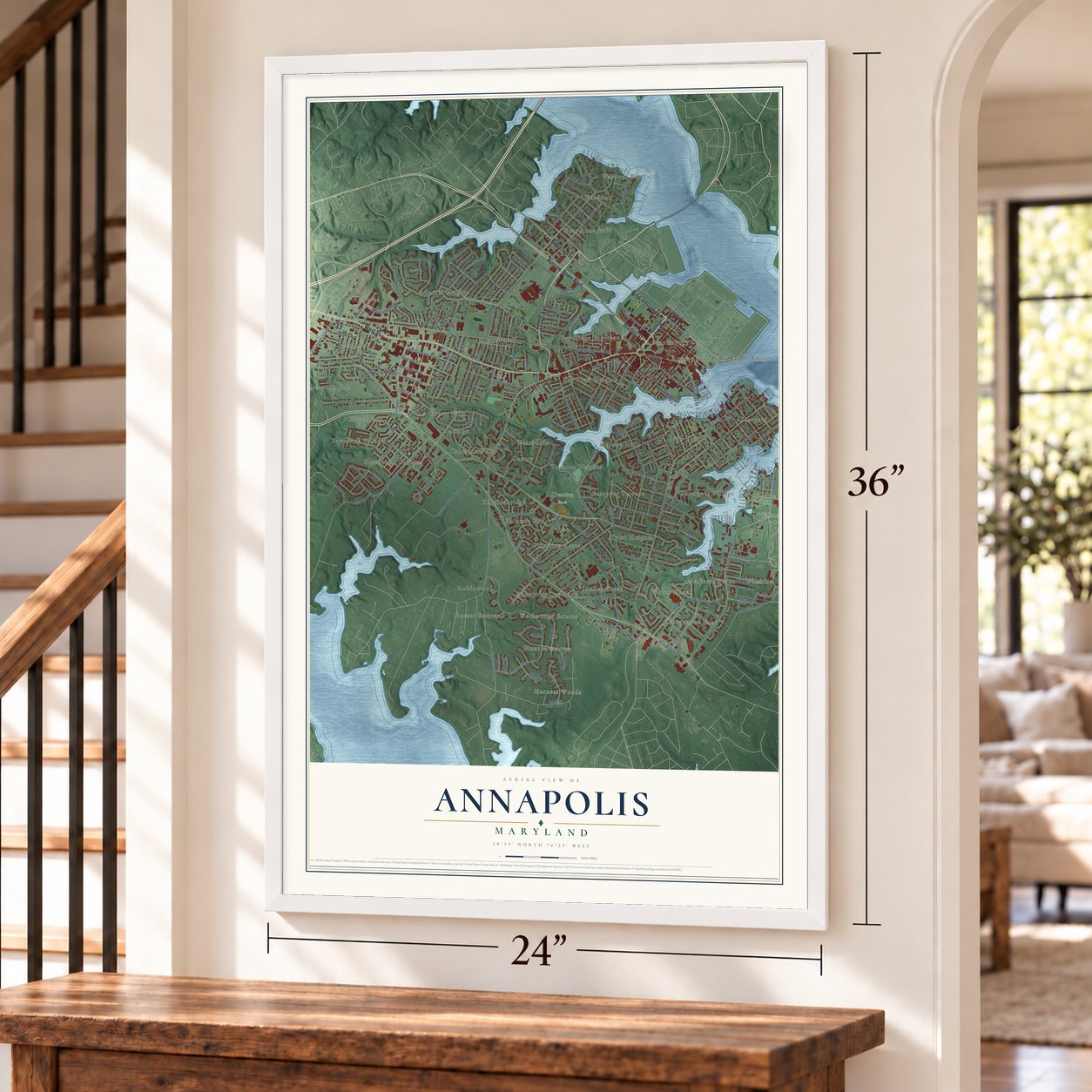 Annapolis, Maryland map, 24 x 36 inch print in a white frame by a staircase