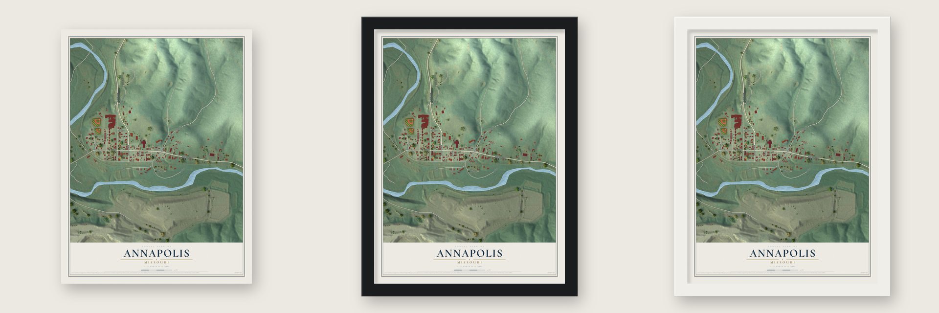 Annapolis, Missouri map unframed, in a black wood frame and in a white wood frame