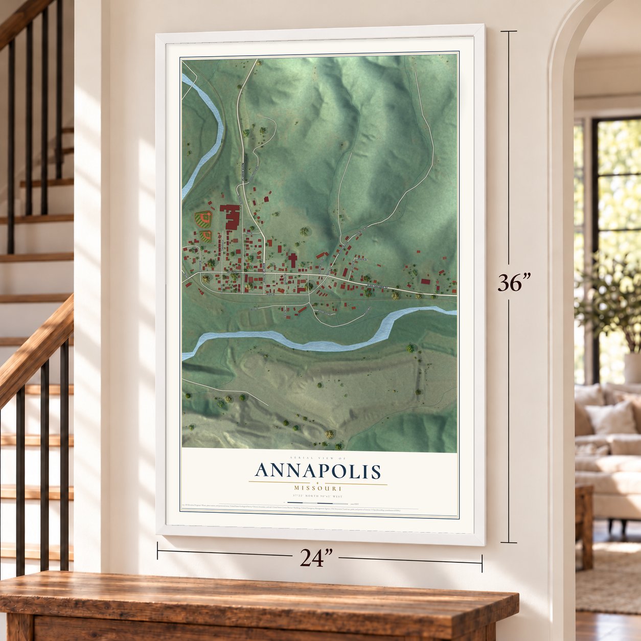 Annapolis, Missouri map, 24 x 36 inch print in a white frame by a staircase