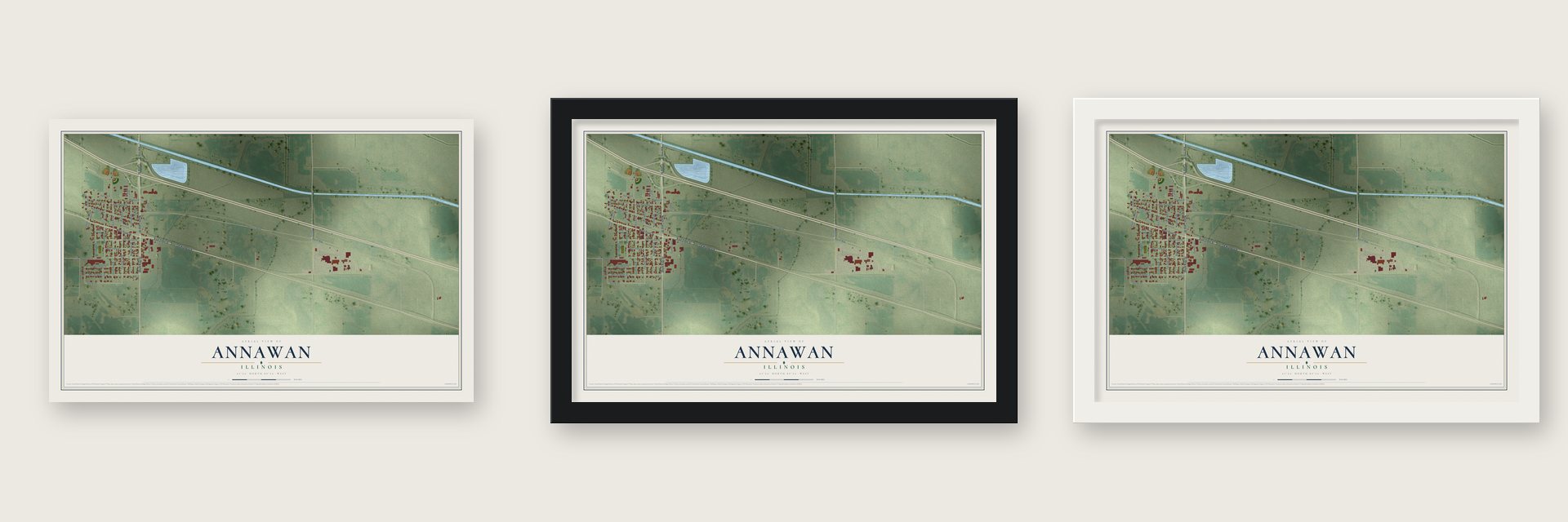 Annawan, Illinois map unframed, in a black wood frame and in a white wood frame