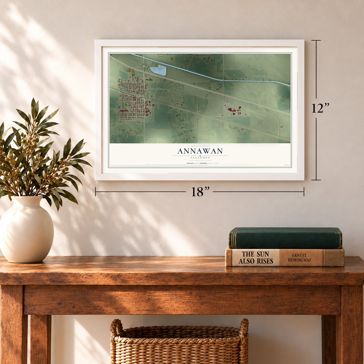 Annawan, Illinois map, 12 x 18 inch print in a white frame in an entryway