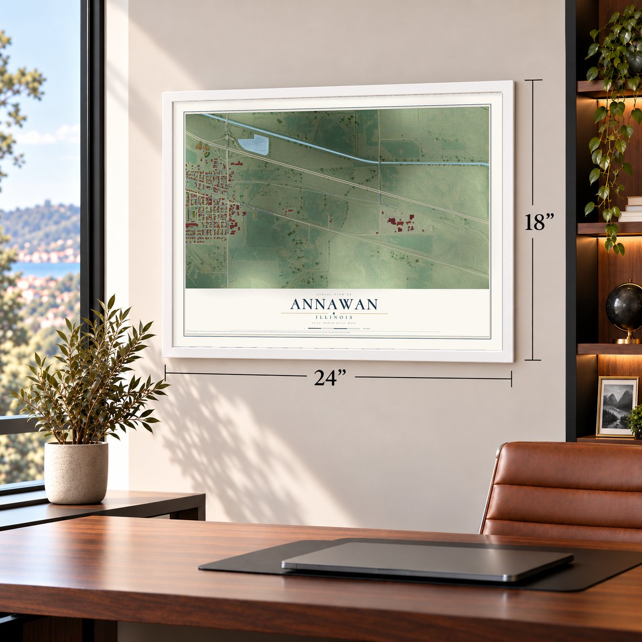 Annawan, Illinois map, 18 x 24 inch print in a white frame in a home office