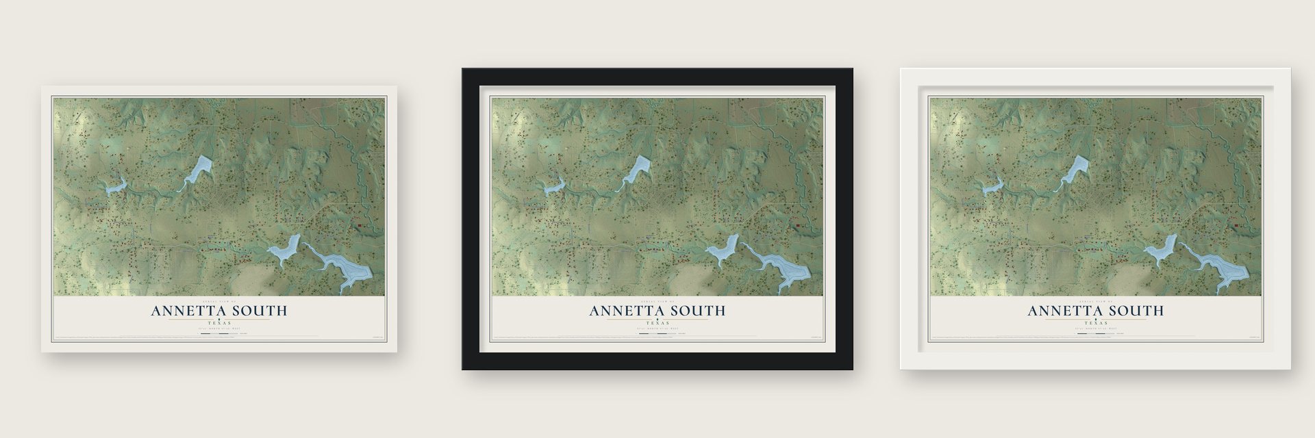 Annetta South, Texas map unframed, in a black wood frame and in a white wood frame