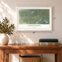 Annetta South, Texas map, 12 x 18 inch print in a white frame in an entryway