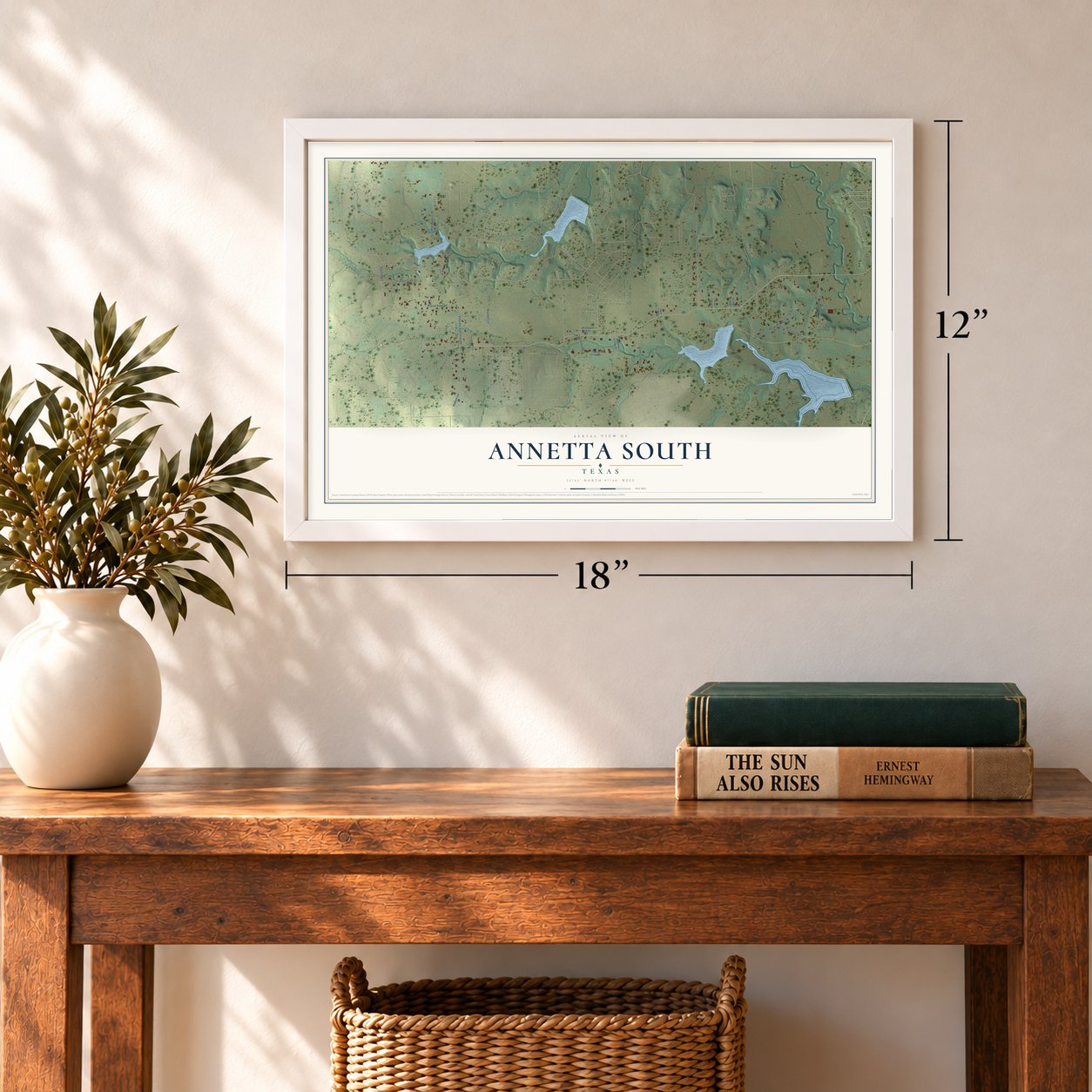 Annetta South, Texas map, 12 x 18 inch print in a white frame in an entryway