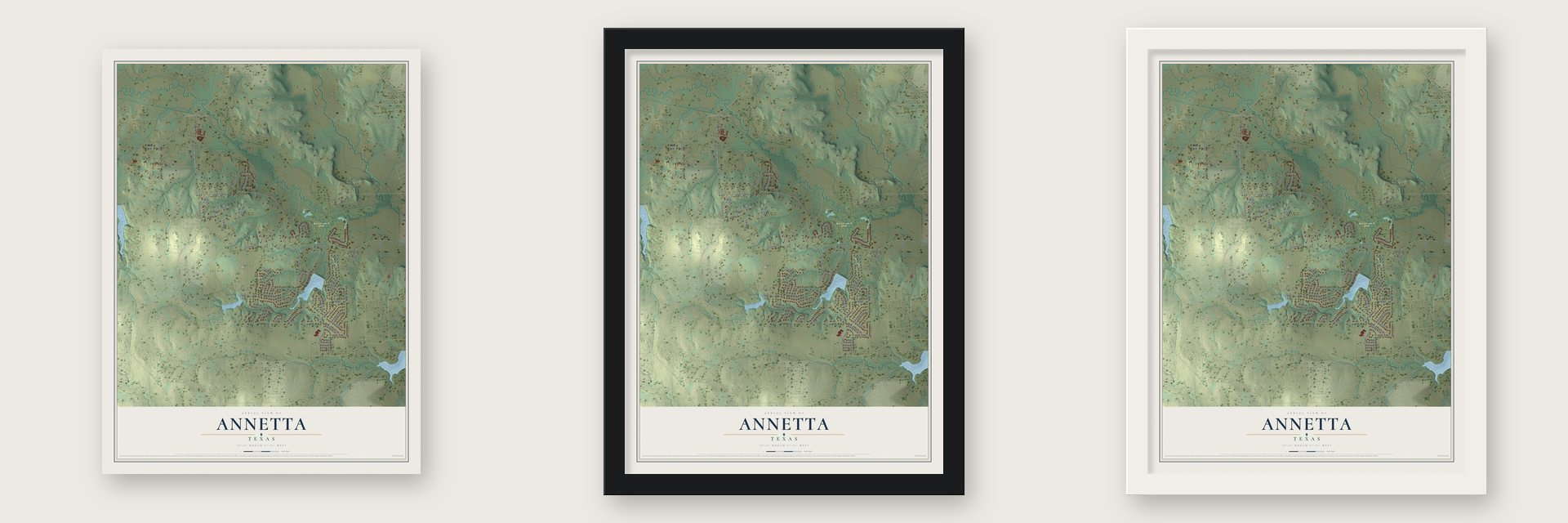 Annetta, Texas map unframed, in a black wood frame and in a white wood frame