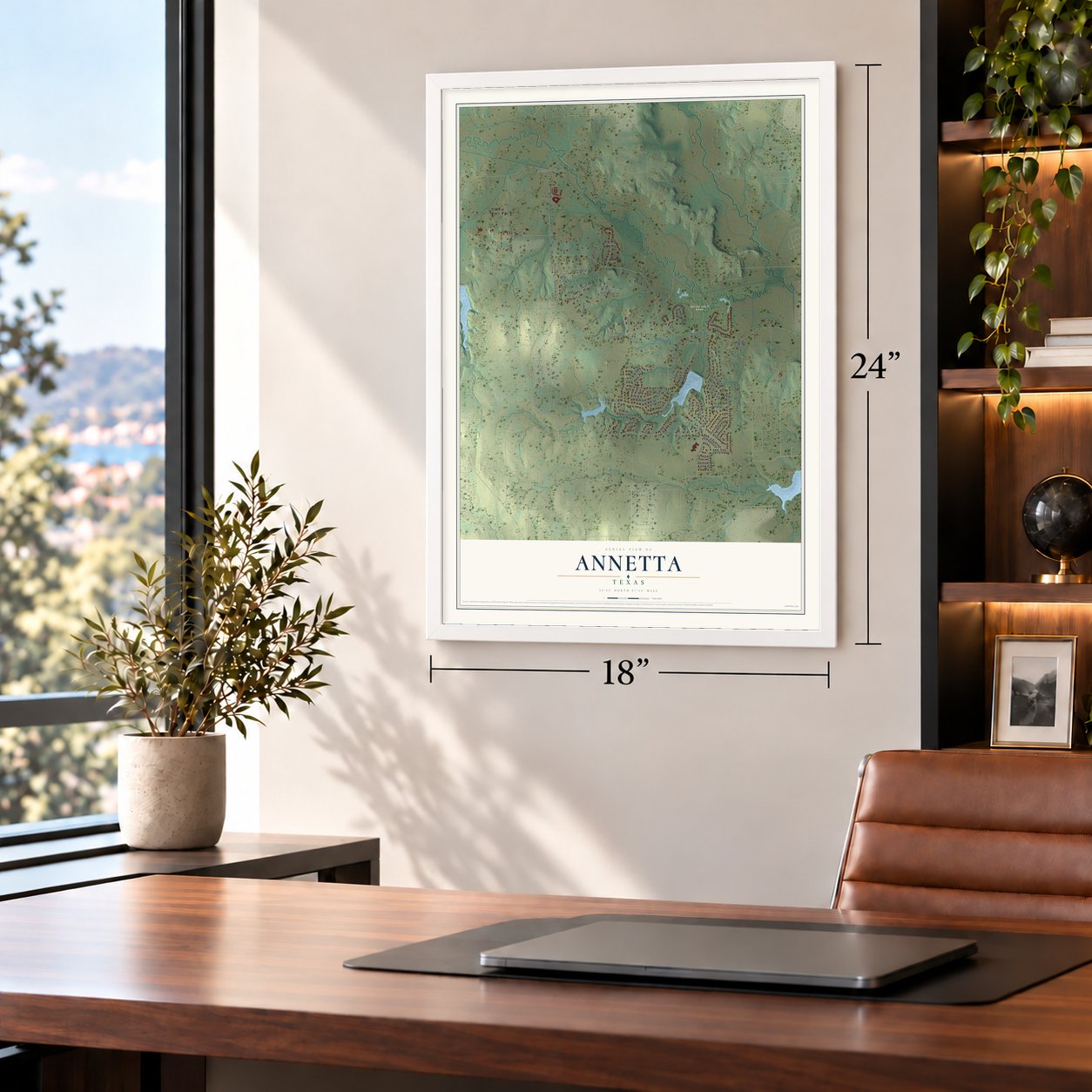 Annetta, Texas map, 18 x 24 inch print in a white frame in a home office