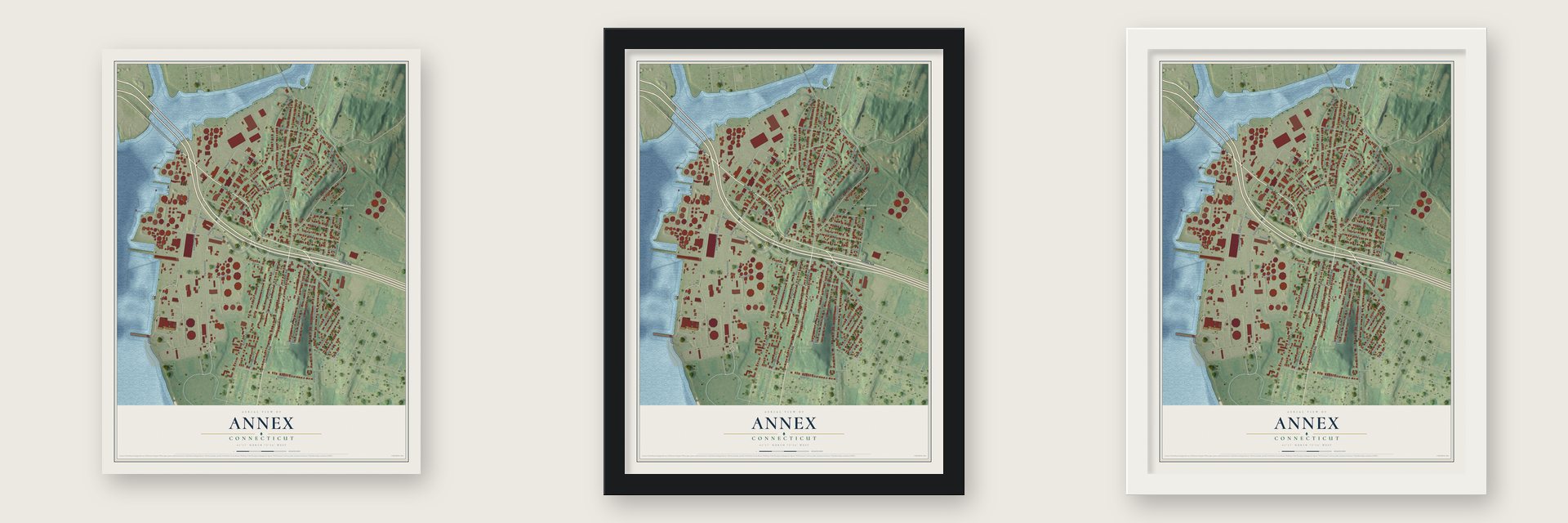 Annex, Connecticut map unframed, in a black wood frame and in a white wood frame