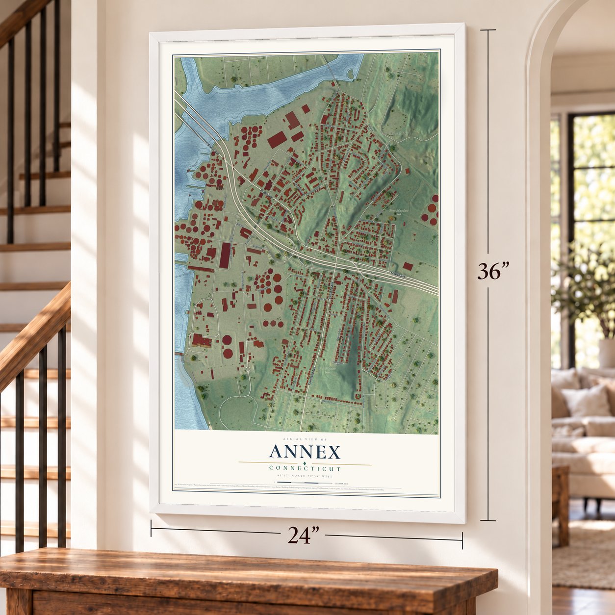 Annex, Connecticut map, 24 x 36 inch print in a white frame by a staircase