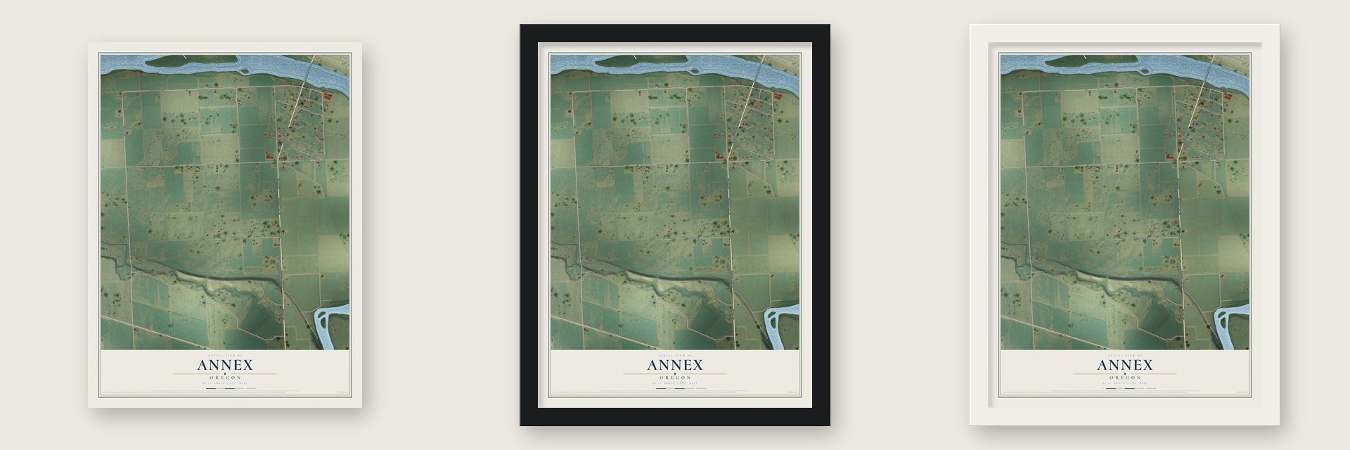 Annex, Oregon map unframed, in a black wood frame and in a white wood frame