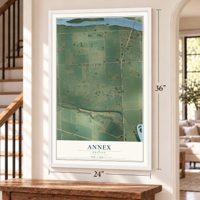 Annex, Oregon map, 24 x 36 inch print in a white frame by a staircase