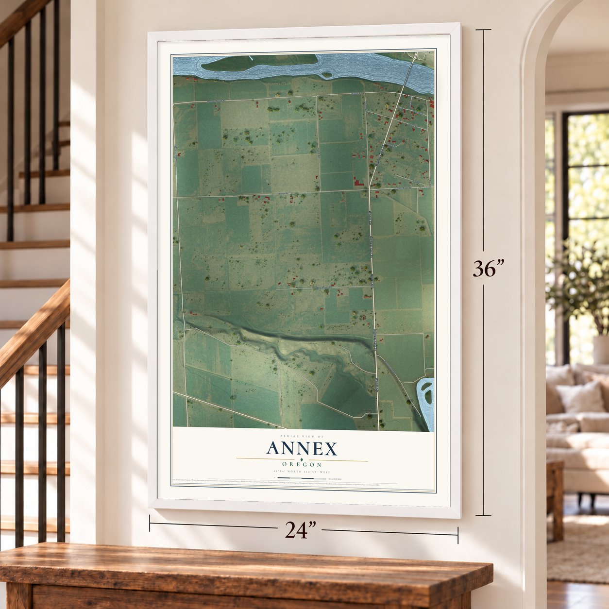 Annex, Oregon map, 24 x 36 inch print in a white frame by a staircase