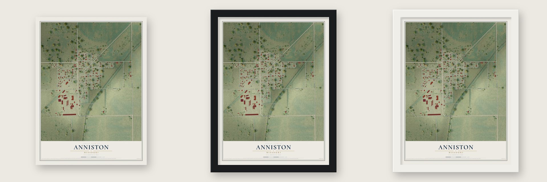 Anniston, Missouri map unframed, in a black wood frame and in a white wood frame
