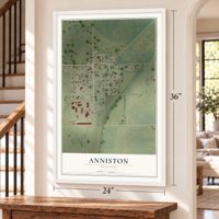 Anniston, Missouri map, 24 x 36 inch print in a white frame by a staircase