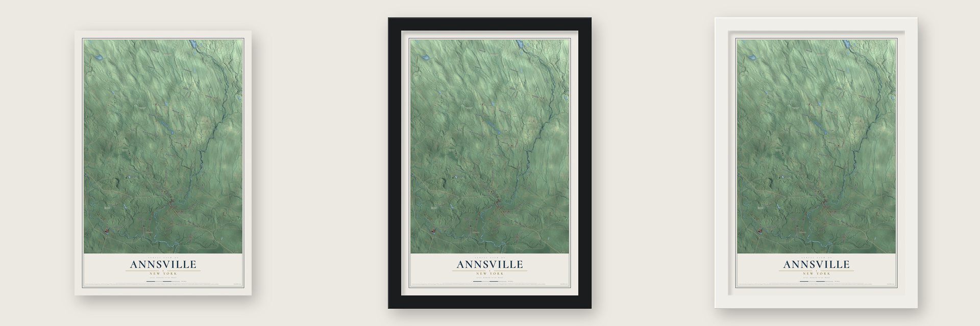 Annsville, New York map unframed, in a black wood frame and in a white wood frame