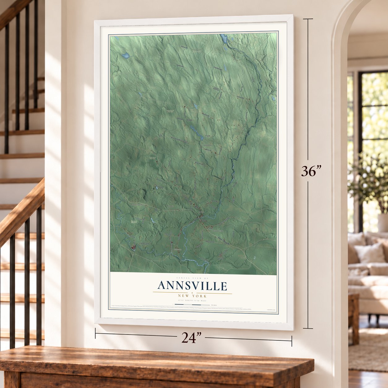Annsville, New York map, 24 x 36 inch print in a white frame by a staircase