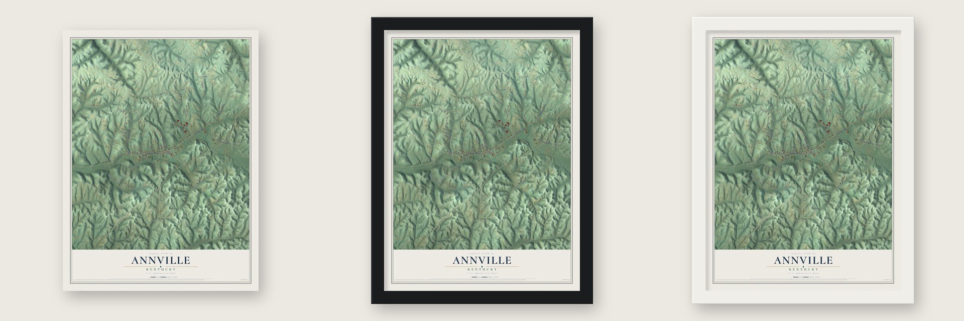 Annville, Kentucky map unframed, in a black wood frame and in a white wood frame