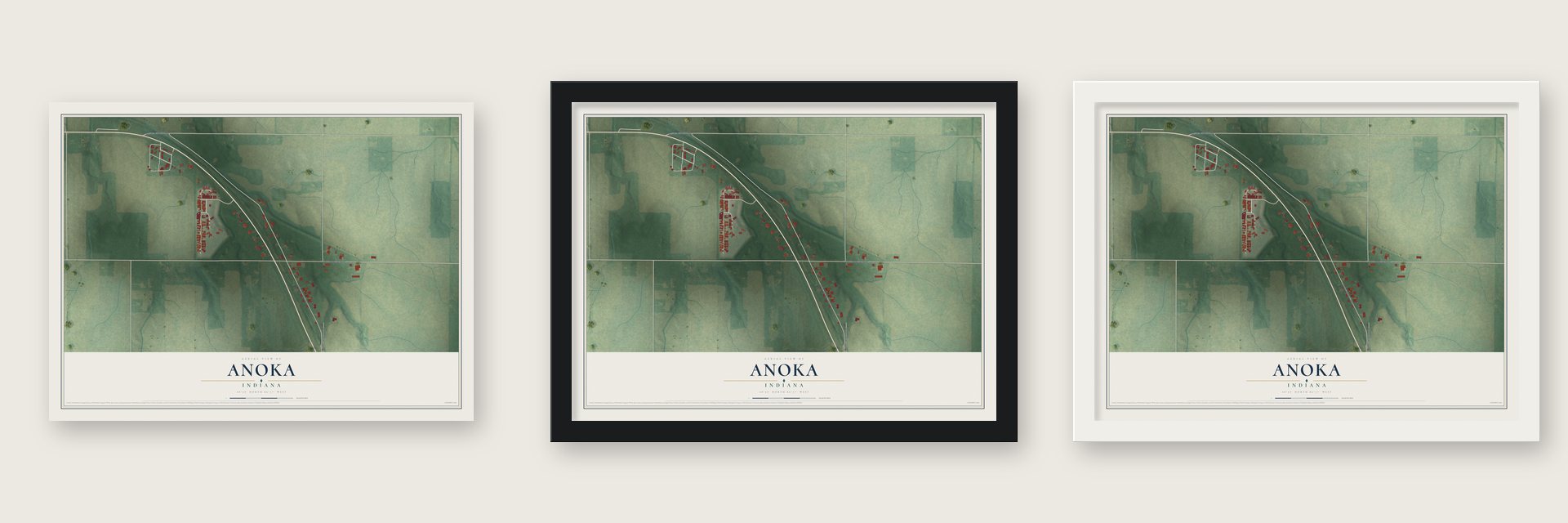 Anoka, Indiana map unframed, in a black wood frame and in a white wood frame