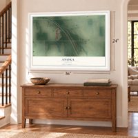 Anoka, Indiana map, 24 x 36 inch print in a white frame above a dresser by a staircase