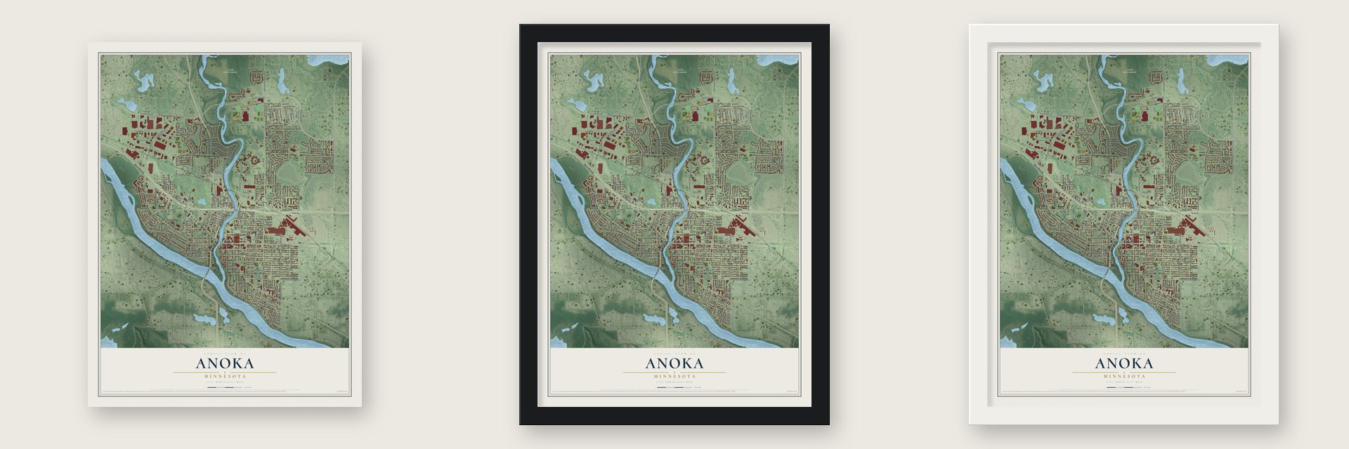 Anoka, Minnesota map unframed, in a black wood frame and in a white wood frame