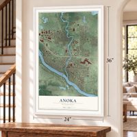 Anoka, Minnesota map, 24 x 36 inch print in a white frame by a staircase