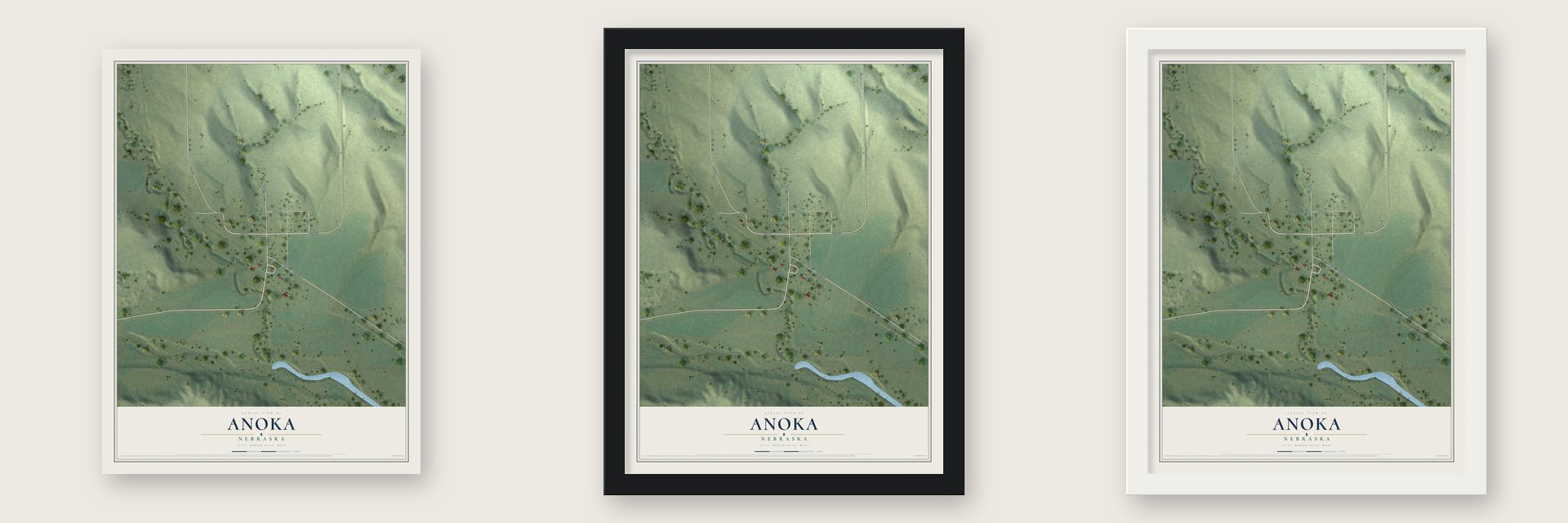 Anoka, Nebraska map unframed, in a black wood frame and in a white wood frame