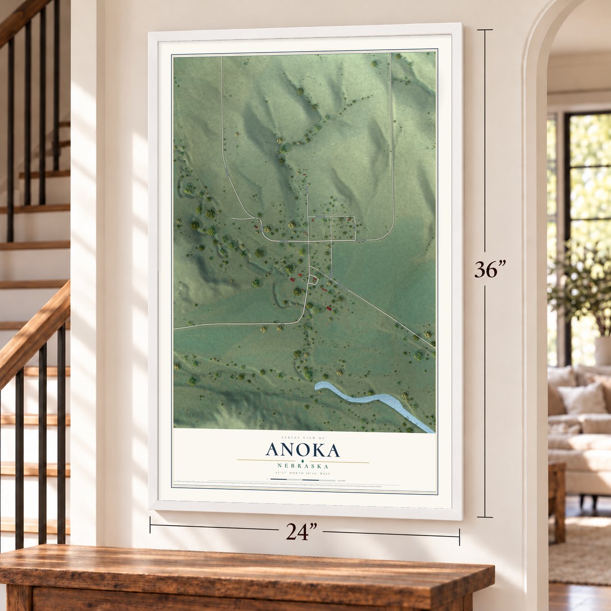Anoka, Nebraska map, 24 x 36 inch print in a white frame by a staircase