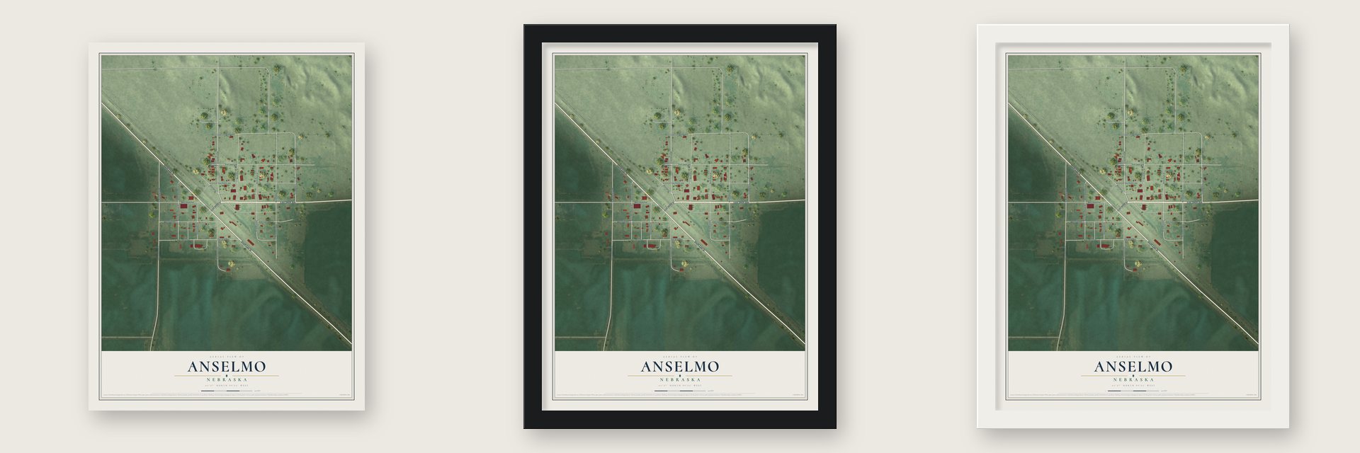 Anselmo, Nebraska map unframed, in a black wood frame and in a white wood frame